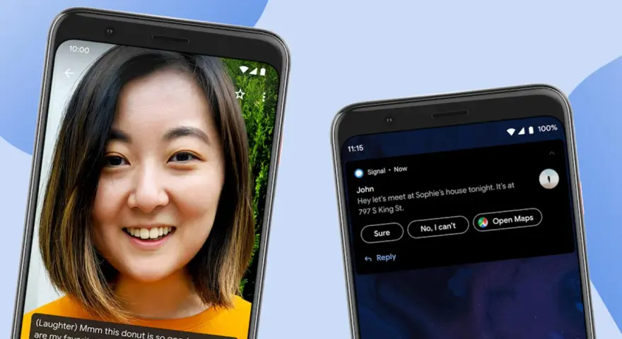 Due smartphone mostrano l'intelligenza di Android: uno con una persona che ride, l'altro con un messaggio e opzioni di risposta rapida.
