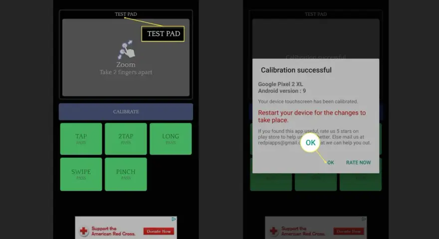 Schermata di calibrazione touch Android. Dopo la calibrazione, appare un messaggio di successo.