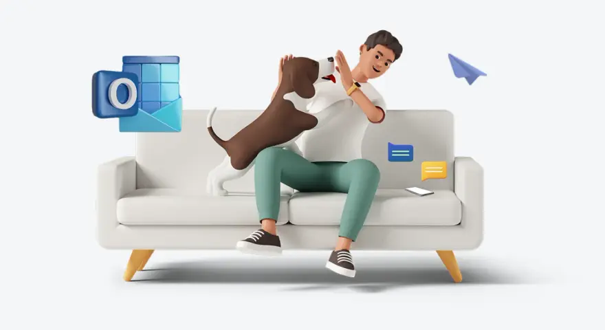 Un uomo gioca con il suo cane sul divano, mentre icone di Outlook e messaggi fluttuano intorno. La risposta automatica di Outlook è pronta per quando sei impegnato.