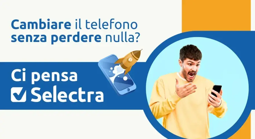 Uomo sorpreso guarda il telefono. Immagine promozionale su come cambiare operatore telefonico con Selectra.
