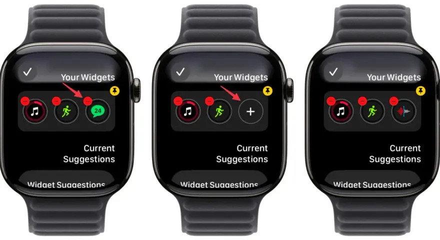 Schermata di un widget orologio su Apple Watch, mostra le opzioni per aggiungere o rimuovere icone di app.