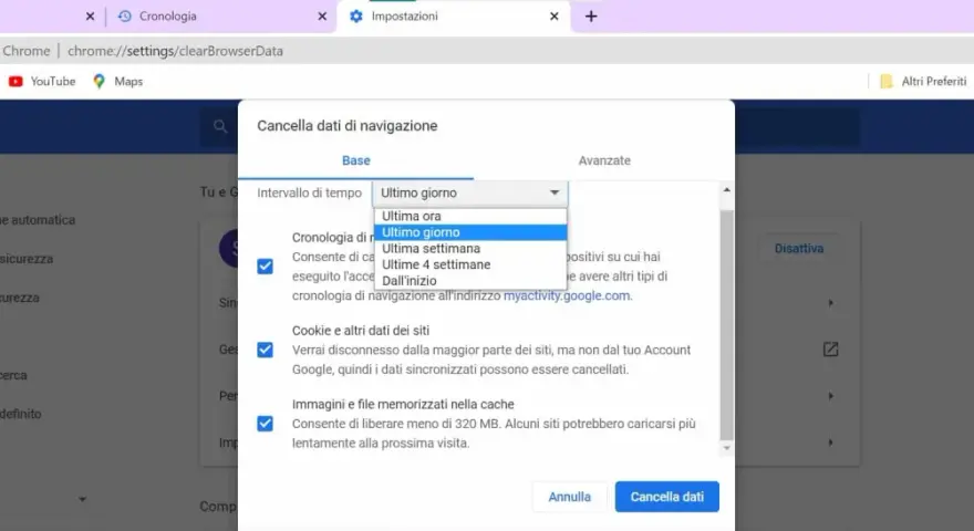 Impostazioni di Chrome per cancellare la cronologia di navigazione. Seleziona "Ultimo giorno" per eliminare i dati di navigazione.