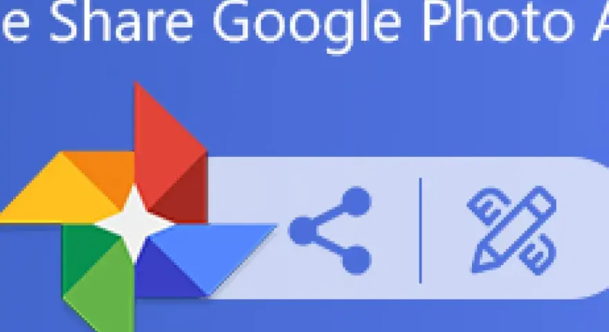 Logo Google Foto con icone di condivisione e modifica. Un modo semplice per creare un album condiviso Google Foto.