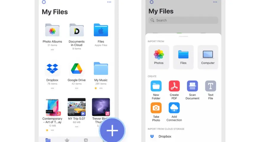 Schermate di un'app "My Files" con cartelle, documenti e video salvati. Un pulsante "+" blu indica la possibilità di aggiungere nuovi contenuti.