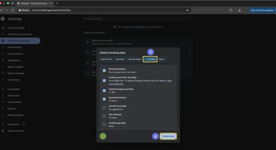 Impostazioni Chrome: come cancellare la cache del browser selezionando "Tutto il tempo" per eliminare cronologia, cookie e file temporanei.