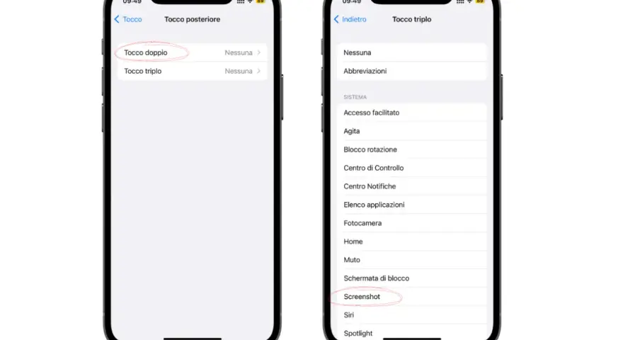 Impostazioni iPhone: tocco posteriore per "Tocco doppio" e "Screenshot" per catturare immagini dello schermo.