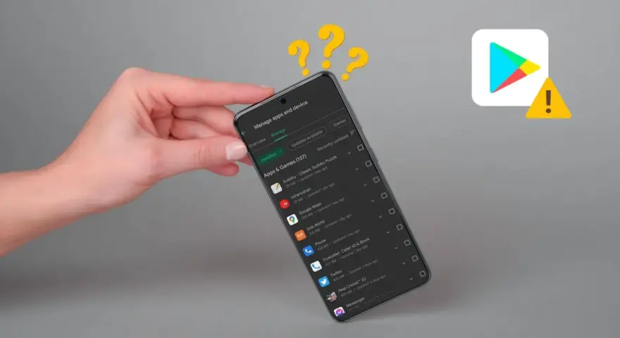 Schermo di uno smartphone con elenco app. Messaggio di errore: il tuo dispositivo non è compatibile con questa versione.