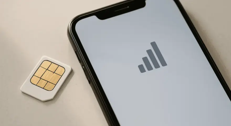 Scheda SIM accanto a uno smartphone con icona di segnale. Guida su come togliere la SIM dal telefono.