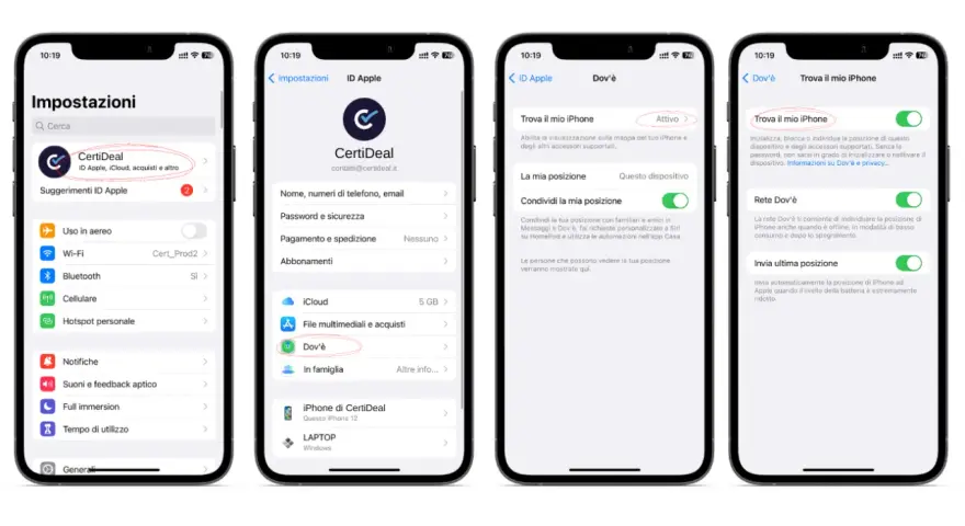 Impostazioni iPhone: "Dov'è" attivo per localizzare il dispositivo, una funzione chiave dell'apple intelligence per la sicurezza.