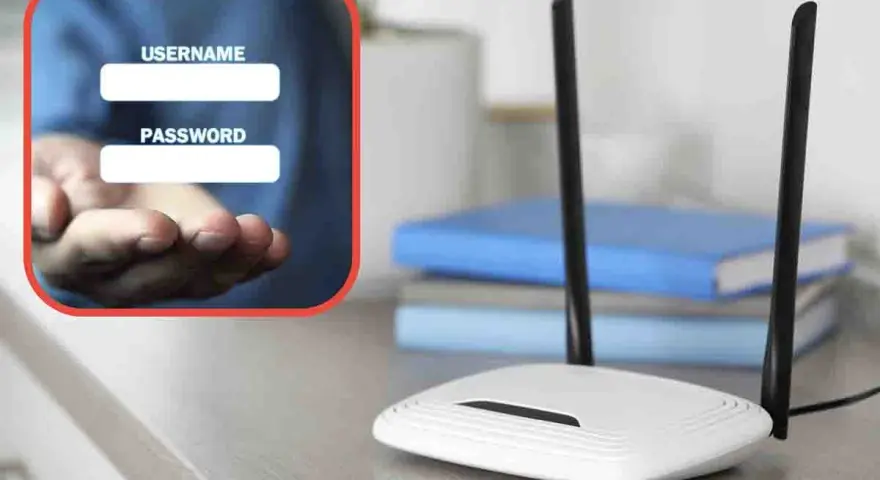 Schermata con campi username e password su una mano tesa, accanto a un router Wi-Fi. Come collegarsi al wifi senza password.