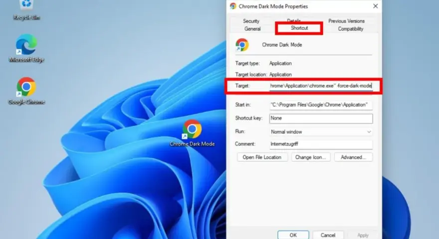 Immagine desktop Windows con icona "Chrome Dark Mode" e finestra proprietà. Il campo "Target" mostra il comando per attivare lo sfondo nero di Google Chrome.