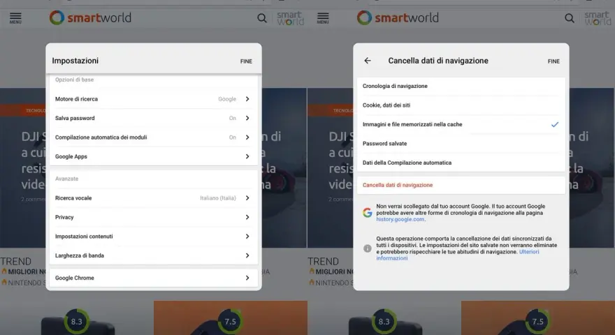Impostazioni di Chrome: per cancellare la cache, seleziona "Immagini e file memorizzati nella cache" e poi "Cancella dati di navigazione".