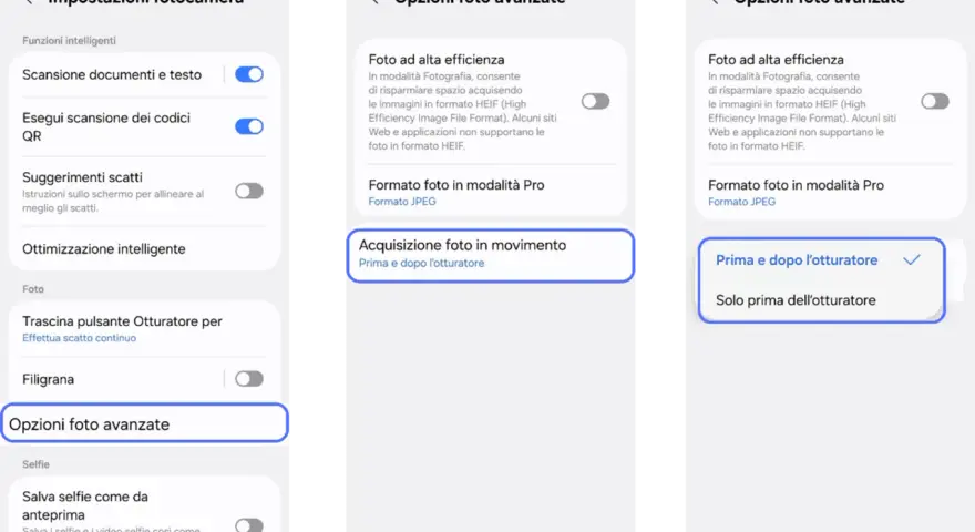 Impostazioni fotocamera Android: opzioni foto avanzate, acquisizione foto in movimento "Prima e dopo l'otturatore".