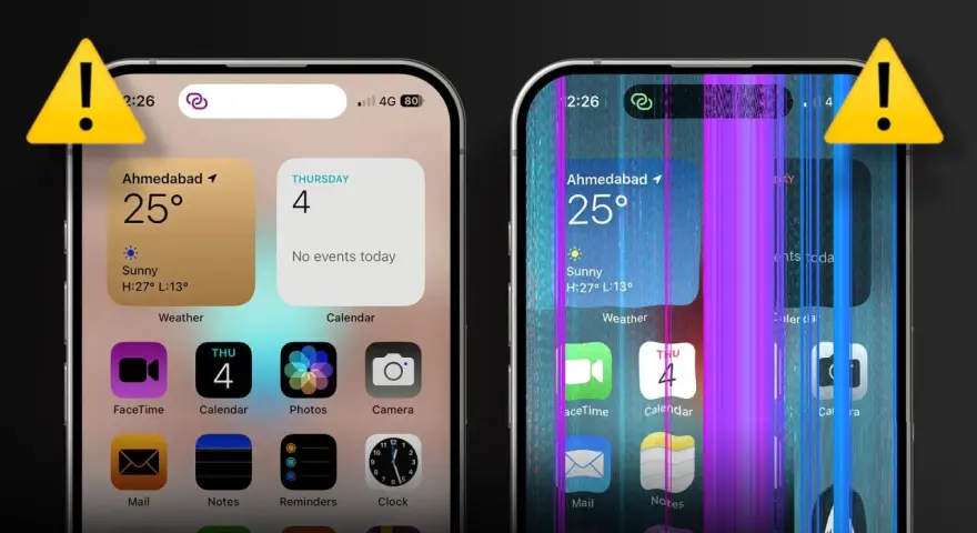 Schermo iPhone con colori strani e linee verticali viola e blu. Un avviso giallo con un punto esclamativo indica un problema.