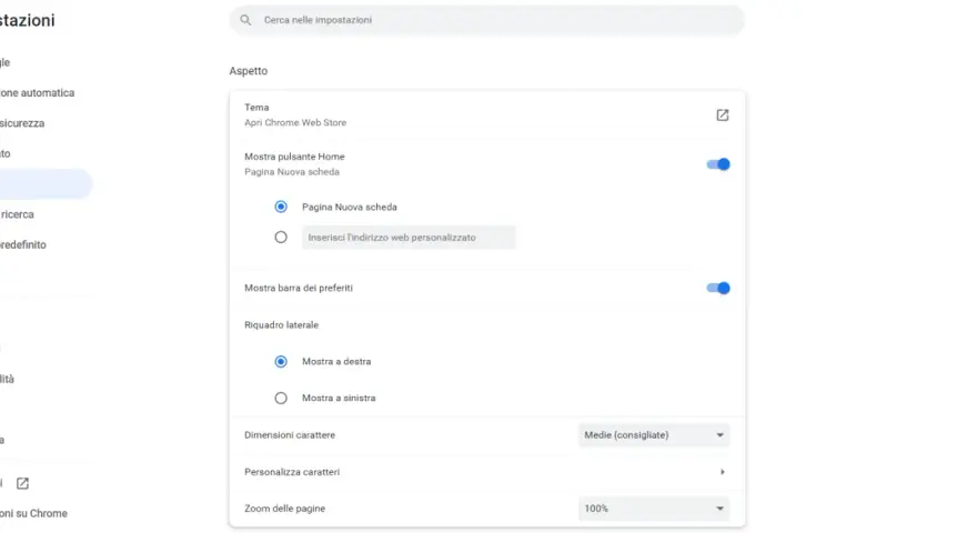 Impostazioni di Chrome: seleziona "Pagina Nuova scheda" per impostare nuova scheda chrome.