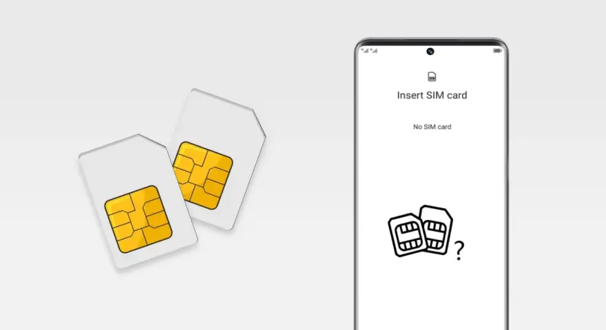 Due SIM card su sfondo bianco, accanto a uno smartphone che mostra "Insert SIM card" e un'icona con due SIM e un punto interrogativo. Guida su come si mette la SIM nel Samsung.