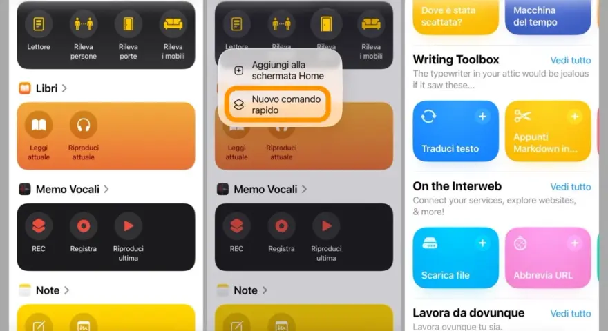 Schermate iPhone che mostrano la creazione di comandi rapidi, con opzioni per aggiungere nuove automazioni e gestire app.