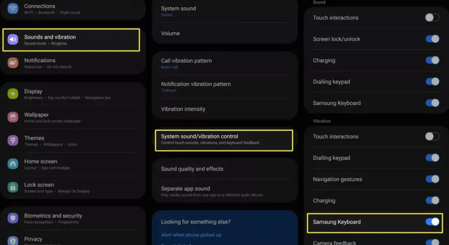 Impostazioni per togliere suono tastiera Samsung. Naviga in Suoni e vibrazione > Controllo suono/vibrazione di sistema.