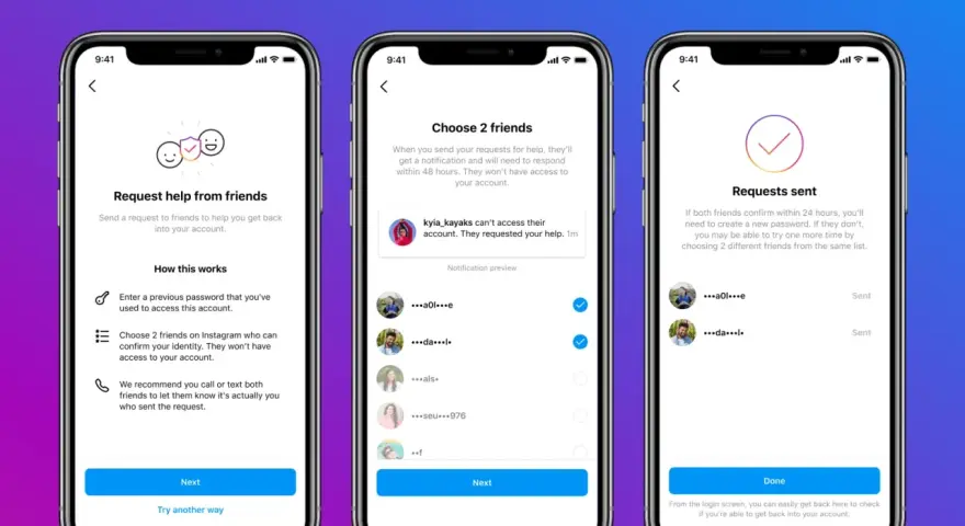 Schermate Instagram: richiesta aiuto amici per recuperare account. Se non è possibile accedere al tuo account, scegli 2 amici per confermare la tua identità.