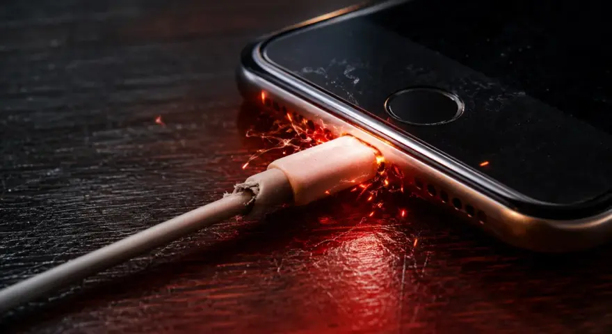 Un cavo di ricarica danneggiato provoca scintille e fiamme vicino alla porta del telefono, suggerendo una scheda madre del telefono bruciata.