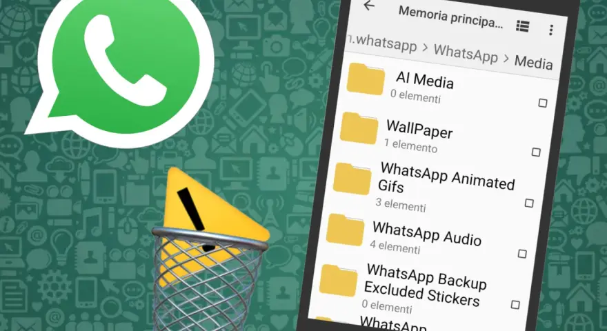 Il logo WhatsApp e un cestino con un segnale di pericolo indicano che si può cancellare un SMS inviato.