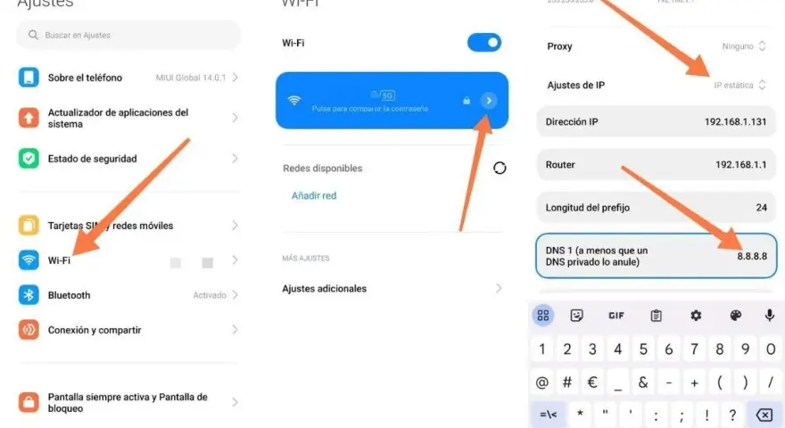 Configurazione DNS su Android: imposta 8.8.8.8 per i migliori DNS.