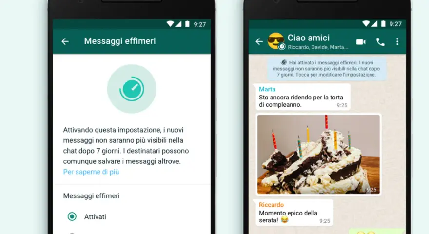 Schermata WhatsApp: attivando i messaggi effimeri, l'altro lo vede. La chat mostra un promemoria: i messaggi spariscono dopo 7 giorni.