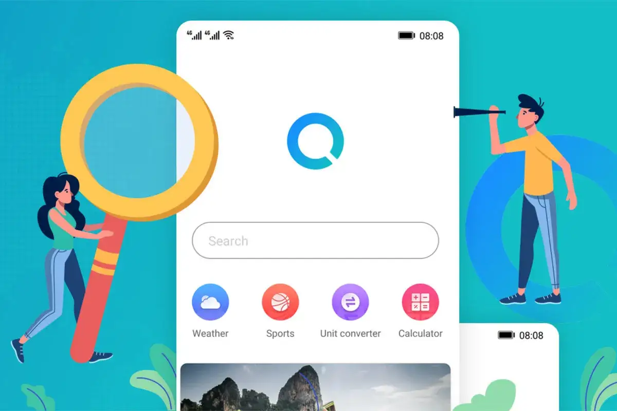 Ragazza con lente d'ingrandimento cerca informazioni, uomo con telescopio osserva. Un'interfaccia smartphone mostra la funzione petal search.