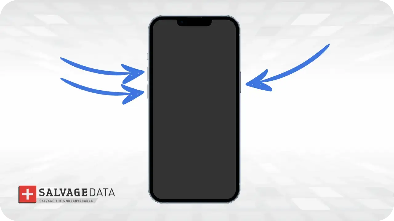 iPhone con schermo nero, frecce blu indicano i pulsanti laterali.