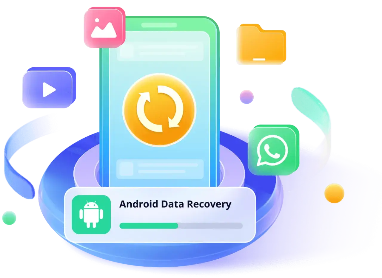 Icone di recupero dati Android: come recuperare foto cancellate. Smartphone con icone di galleria, video, cartella e WhatsApp.