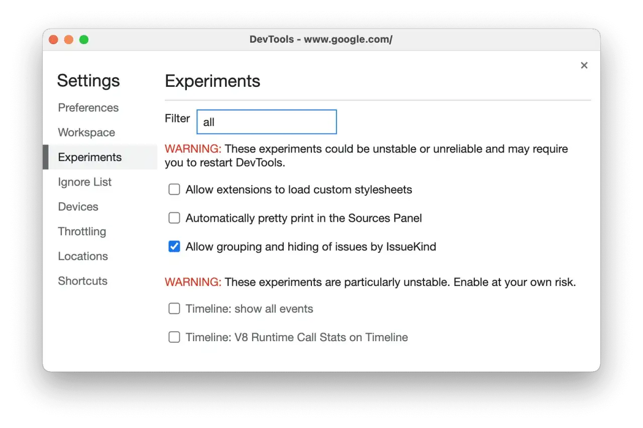 Schermata di DevTools con opzioni