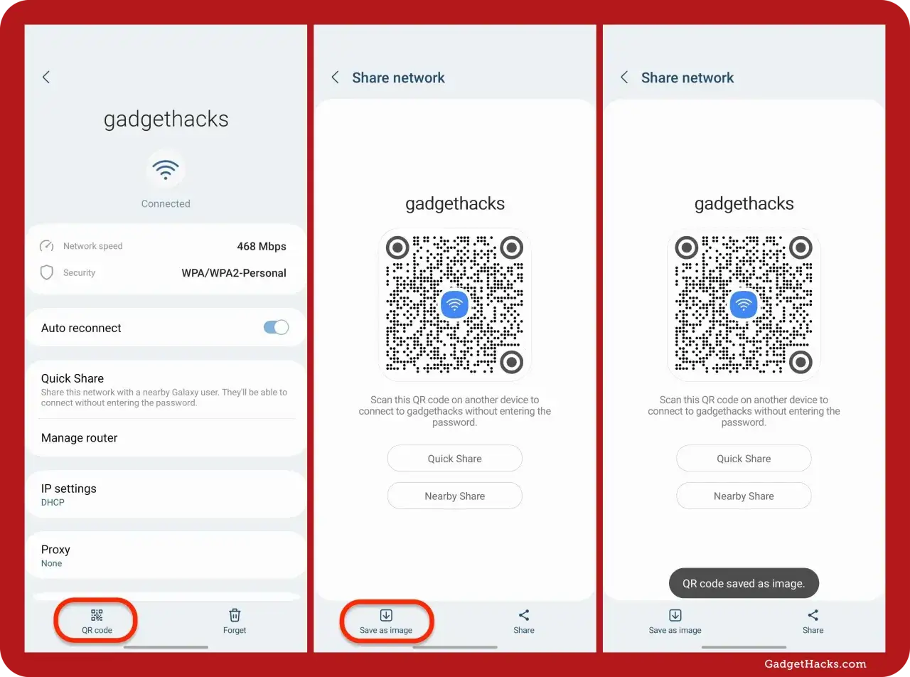 Visualizzare password Wi-Fi Android: schermate mostrano come condividere la rete tramite QR code, salvandolo come immagine.