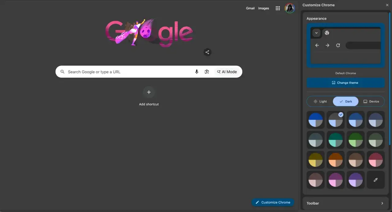 Schermata di Chrome per impostare nuova scheda, con opzioni di personalizzazione tema scuro attive e palette colori visibile.