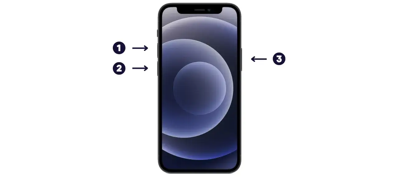 Istruzioni per riavviare un iPhone che non si accende: premi e rilascia rapidamente il tasto volume su, poi il tasto volume giù, infine tieni premuto il tasto laterale.