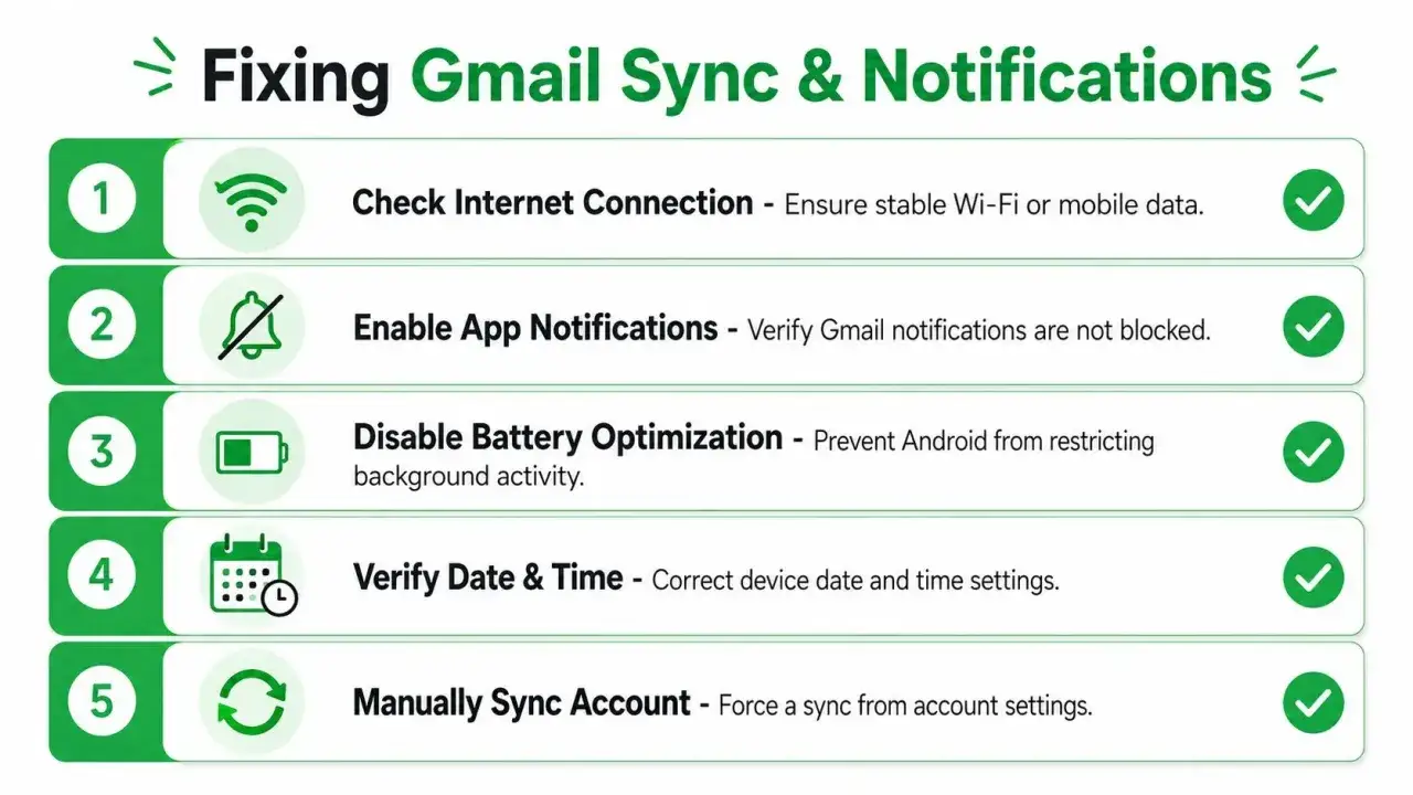 Guida per risolvere il problema di Gmail non funziona sul cellulare: controlla connessione, notifiche, batteria, data/ora e sincronizzazione manuale.