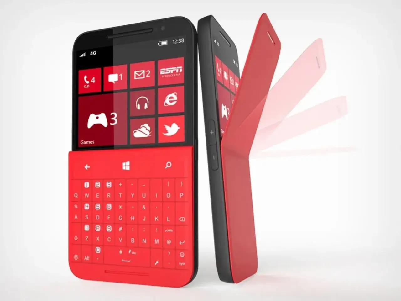 Smartphone rosso con tastiera scorrevole, un design che sembra una tastiera impazzita pronta a digitare.
