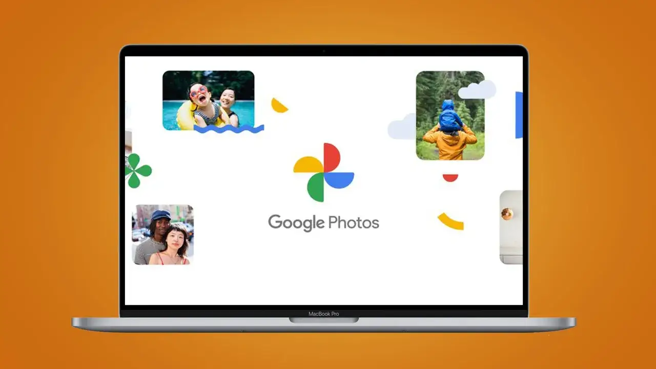 Schermata di un MacBook Pro che mostra il logo di Google Foto e varie immagini, ideale per chi vuole scaricare foto da Google Foto.