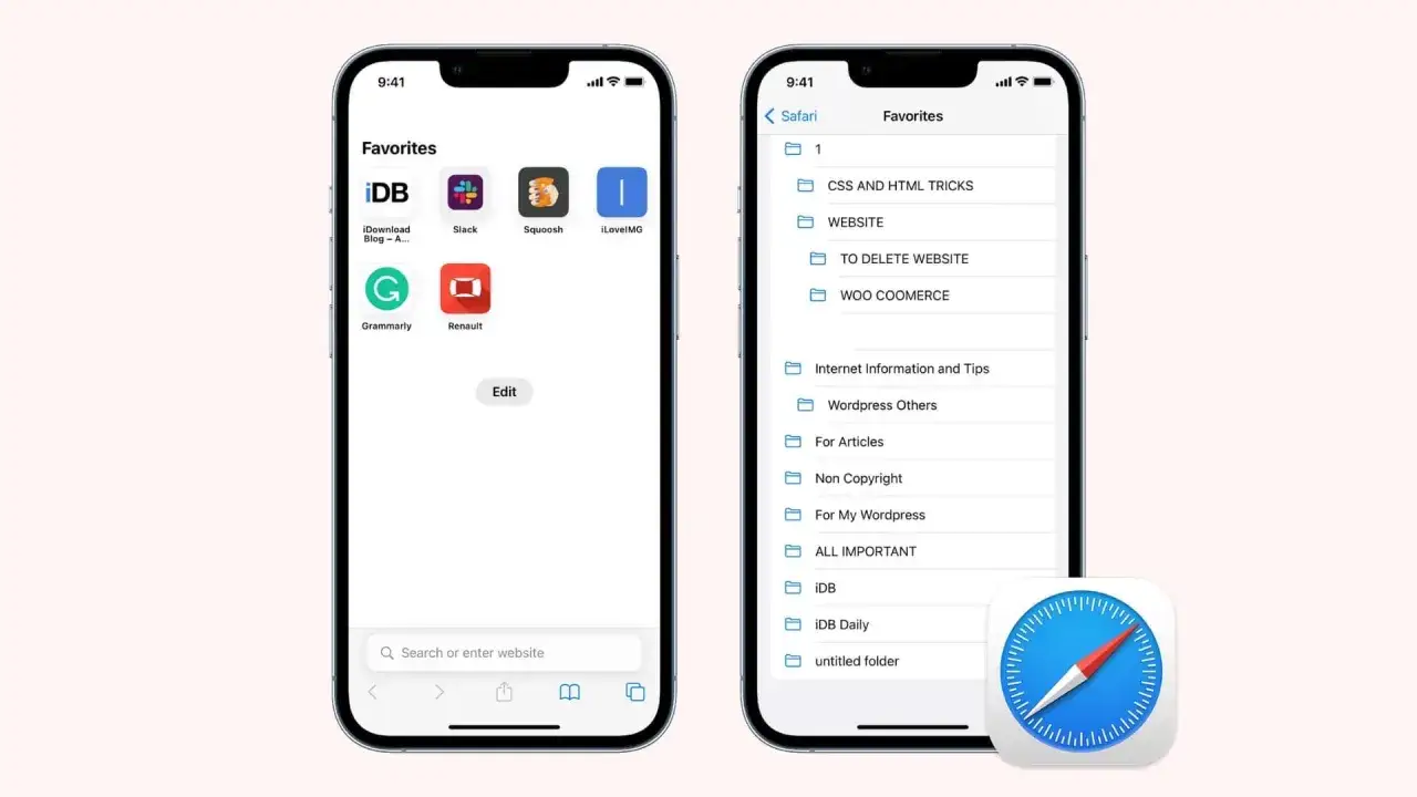 Schermate di Safari che mostrano come aggiungere ai preferiti siti web e cartelle.