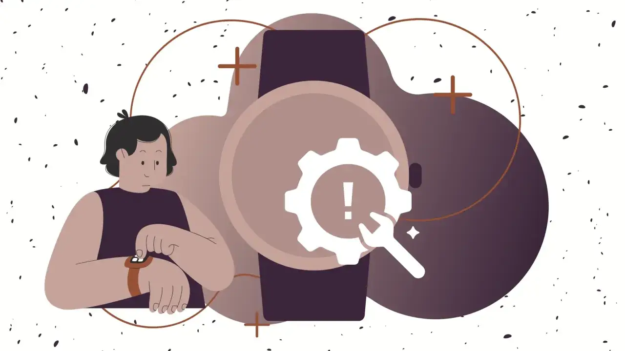 Persona preoccupata guarda il suo Amazfit GTR 4, con un ingranaggio e un punto esclamativo che indicano possibili problemi.