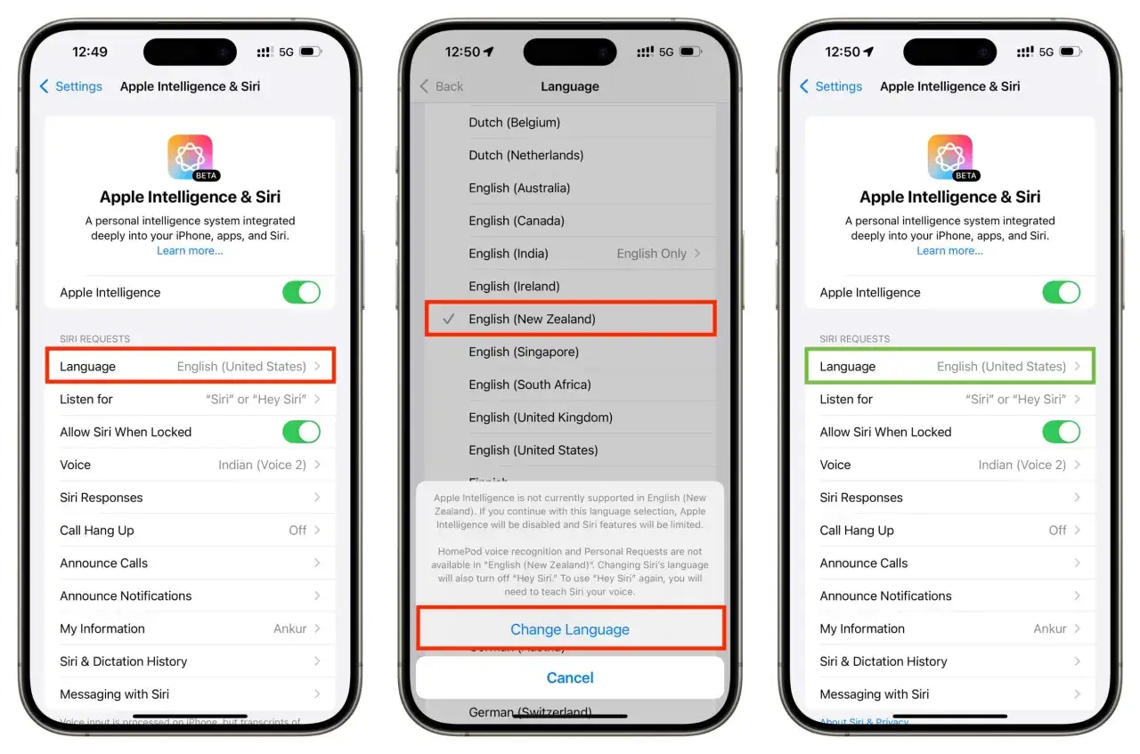 Impostazioni per Apple Intelligence e Siri, con la lingua impostata su Inglese (Nuova Zelanda).