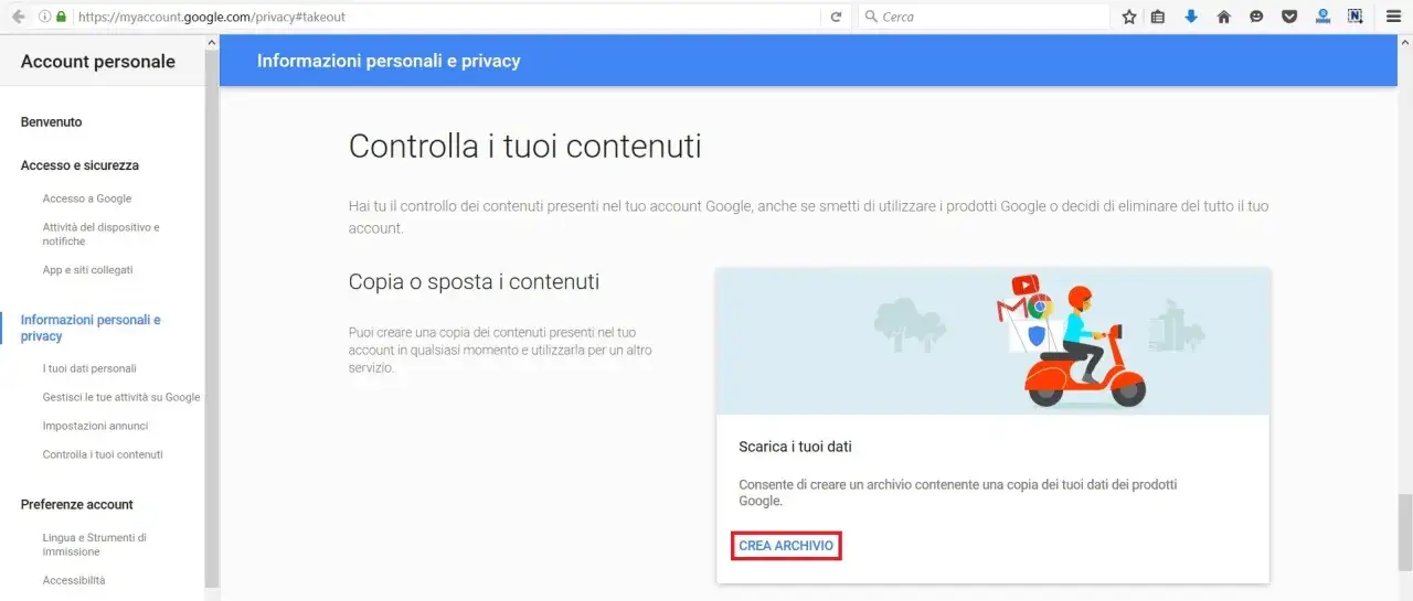 Google Takeout cos'&egrave;? Pagina per scaricare i tuoi dati Google. Crea un archivio dei contenuti del tuo account.