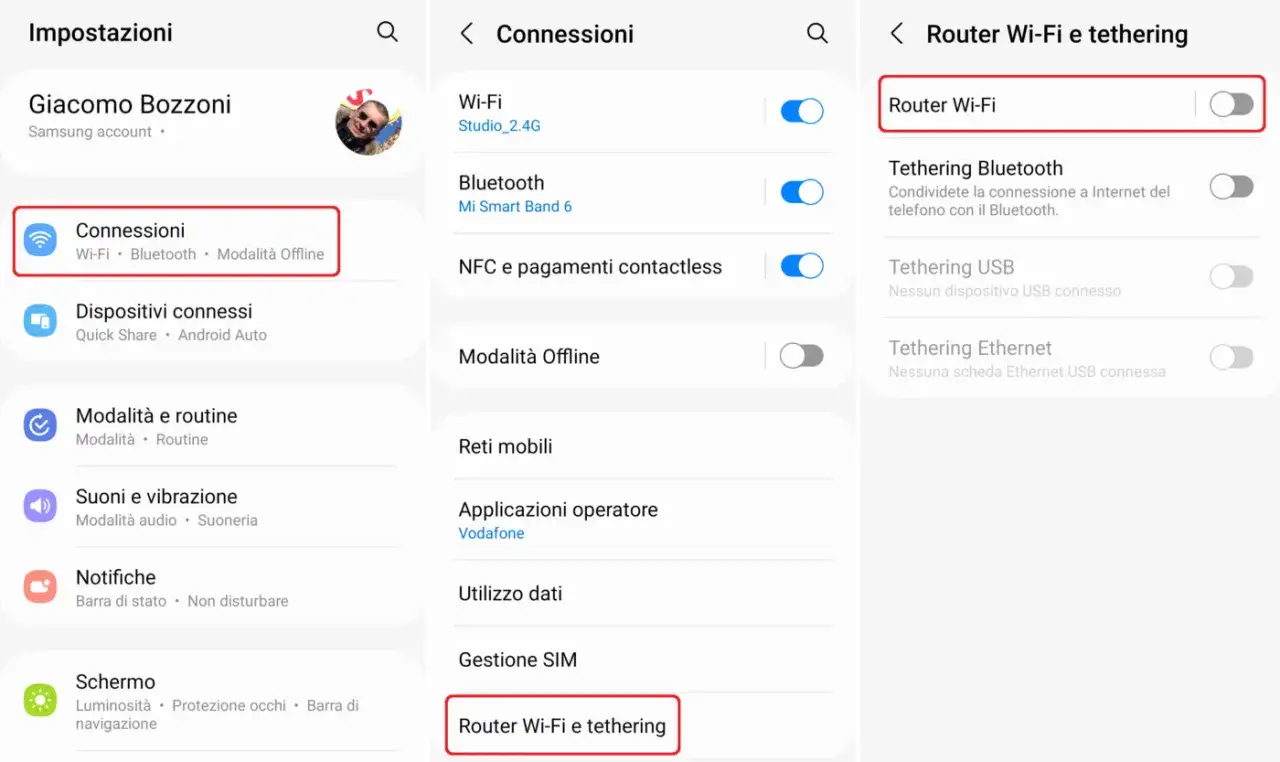 Impostazioni Android: Connessioni > Router Wi-Fi e tethering. Attivare il router Wi-Fi per condividere la connessione.
