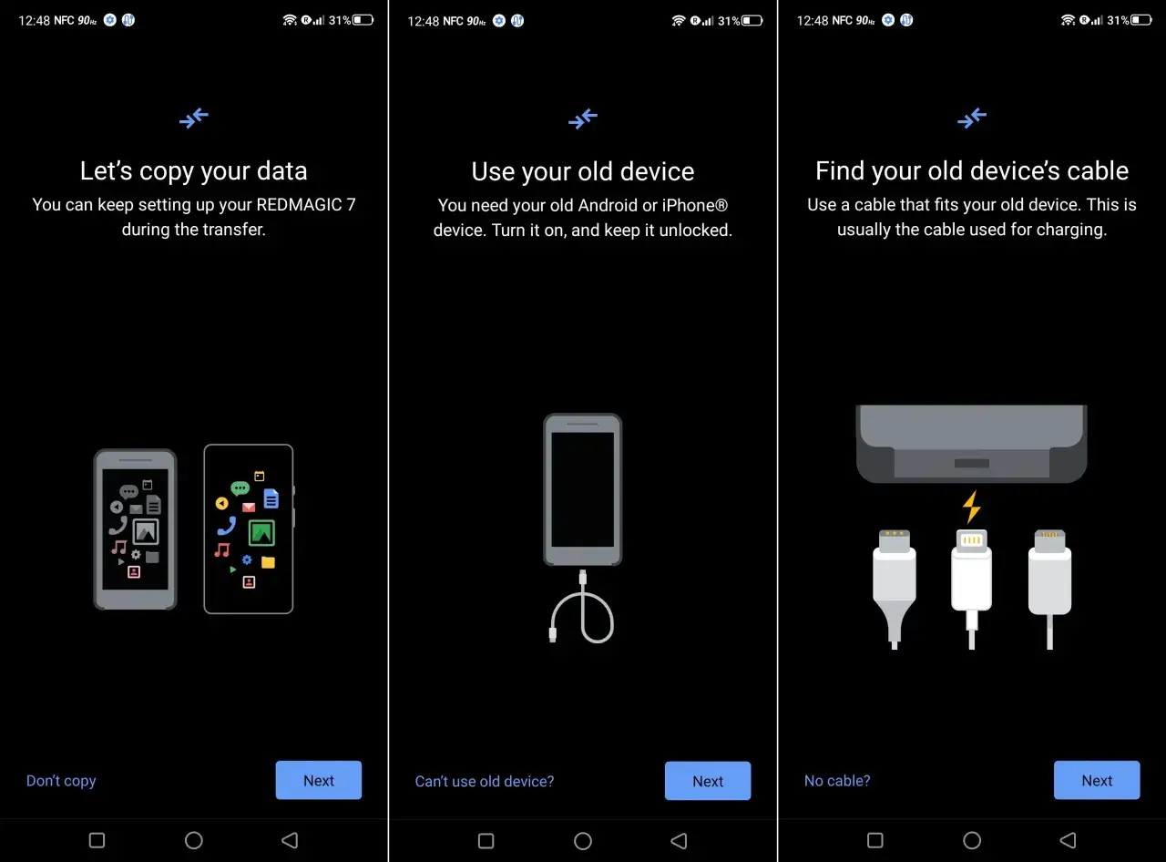 Three phone screens showing data transfer options: two phones with apps, a phone with a cable, and charging cables.