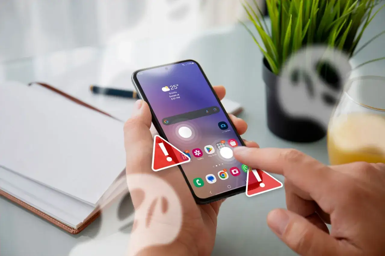 Hand holding a smartphone with ghost touch icons and warning signs.