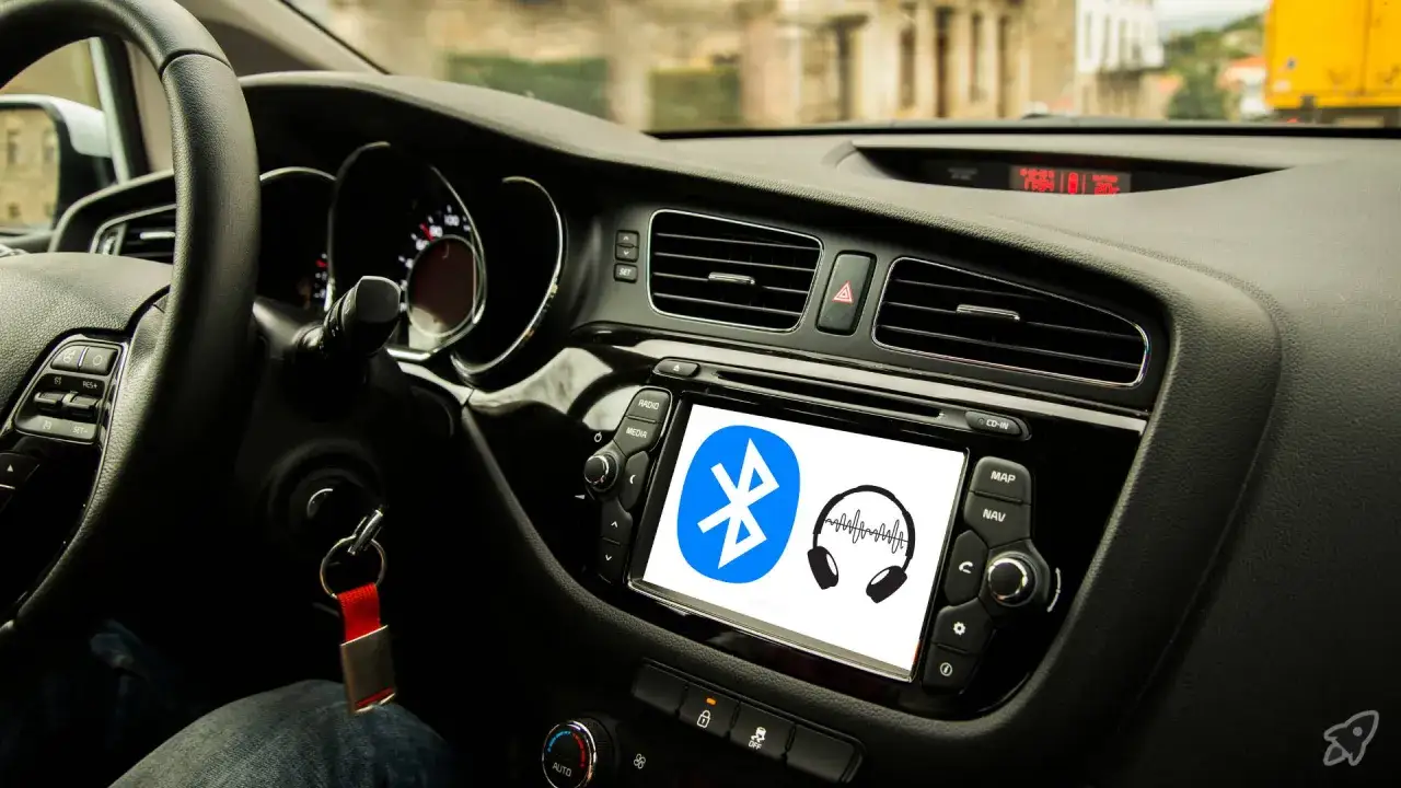 Interno auto con schermo che mostra il simbolo Bluetooth e cuffie, pronto per il collegamento al telefono.
