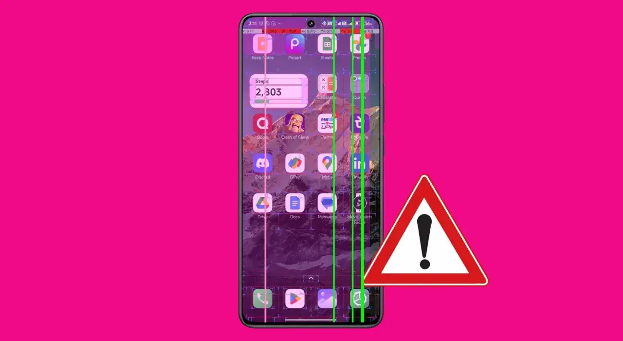 Schermo di uno smartphone con una riga verticale verde che attraversa le icone delle app. Un segnale di pericolo triangolare avvisa di un problema.
