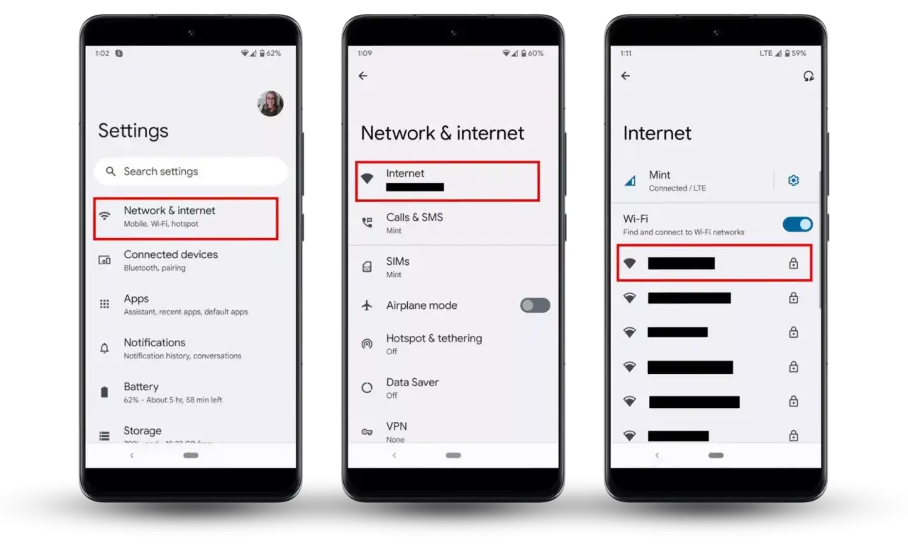Schermate di impostazioni di rete su Android: accesso a Internet, Wi-Fi e connessioni mobili.