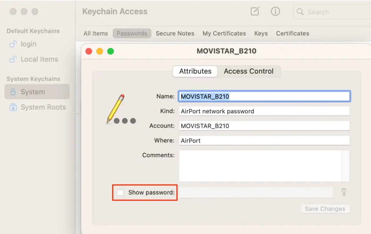 Schermata di Keychain Access che mostra come vedere la password del wifi selezionando