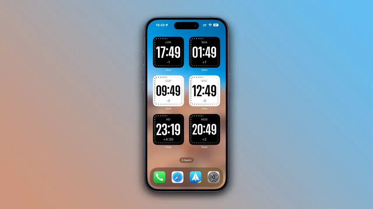 Schermata iPhone con widget orologio che mostra sei fusi orari diversi: Londra, Shanghai, Cuba, New York, Nuova Delhi e Mosca.