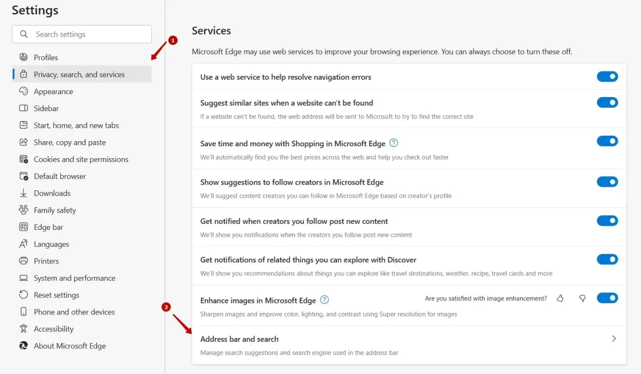 Impostazioni di Microsoft Edge: 